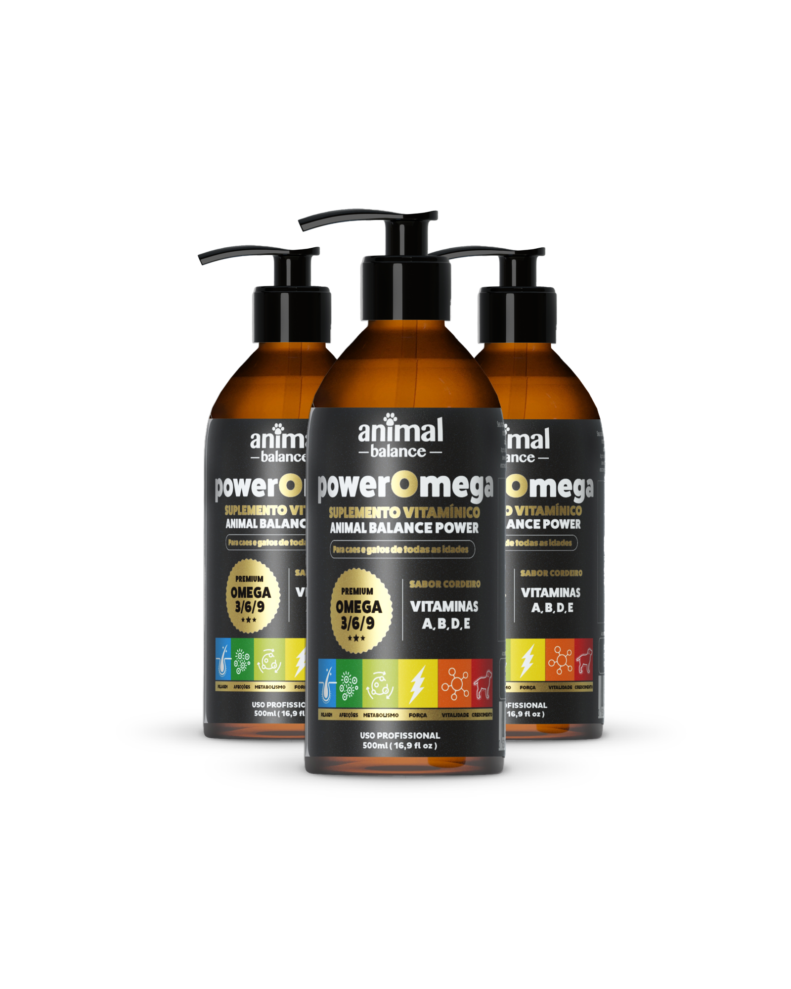 PowerOmega 3, 6 e 9 + Cúrcuma - Suplemento Vitamínico, Sabor Cordeiro 500ml - 3und